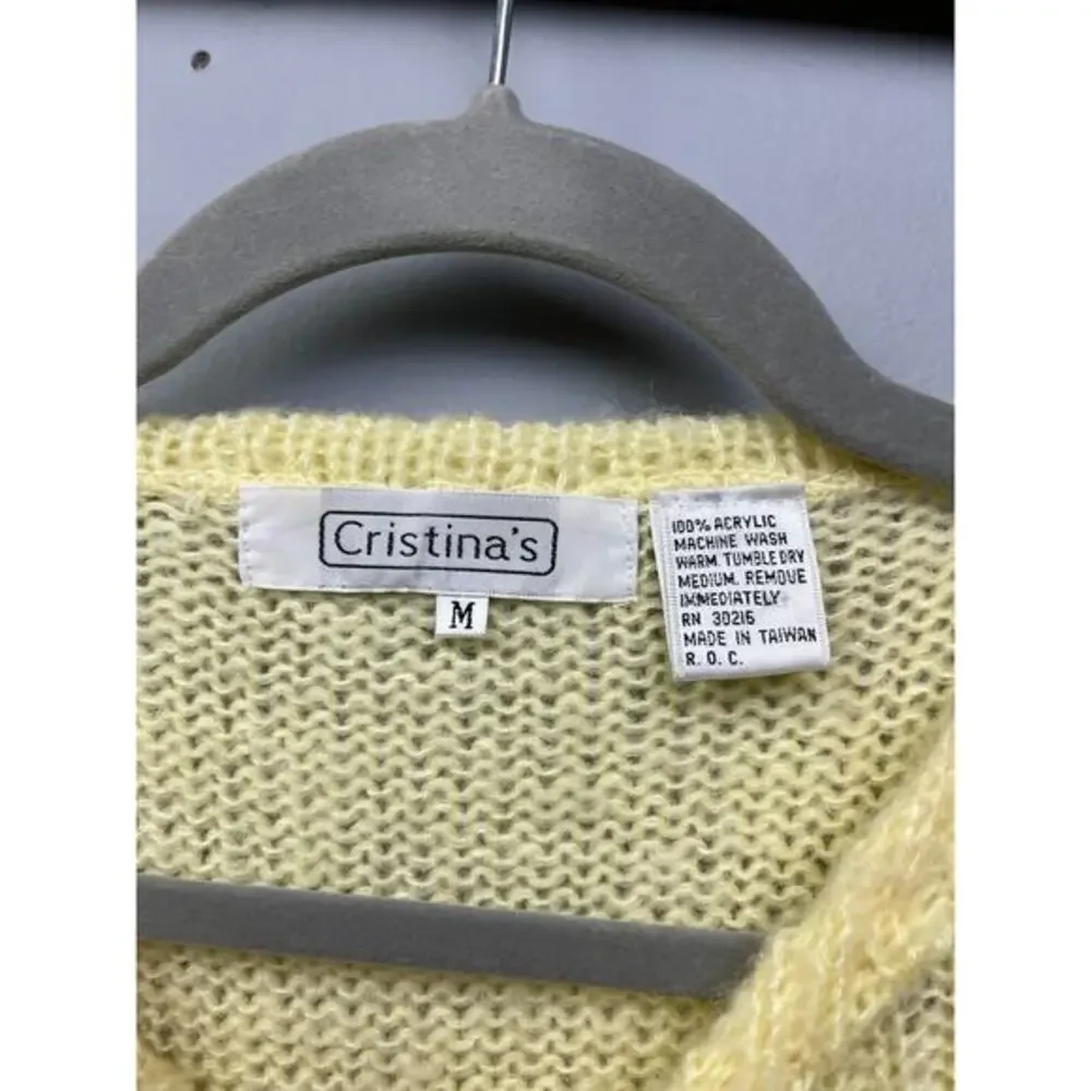 Vintage Cristina's Cable Knit Sweater Womens Medium Yellow‎ Puff sleeve Pullover